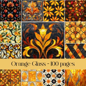 May include: A collage of 10 different orange stained glass patterns. The patterns include floral designs, geometric shapes, and abstract designs. The title "Orange Glass - 100 pages" is at the bottom of the image.