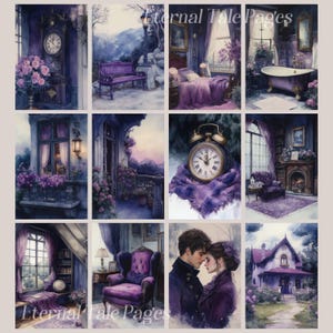 May include: A collage of nine images featuring a purple and gray color scheme. The images depict a variety of scenes, including a clock, a bedroom, a bathroom, a balcony, a couple, and a house. The text "Eternal Tale Pages" appears in the top right corner of the collage.