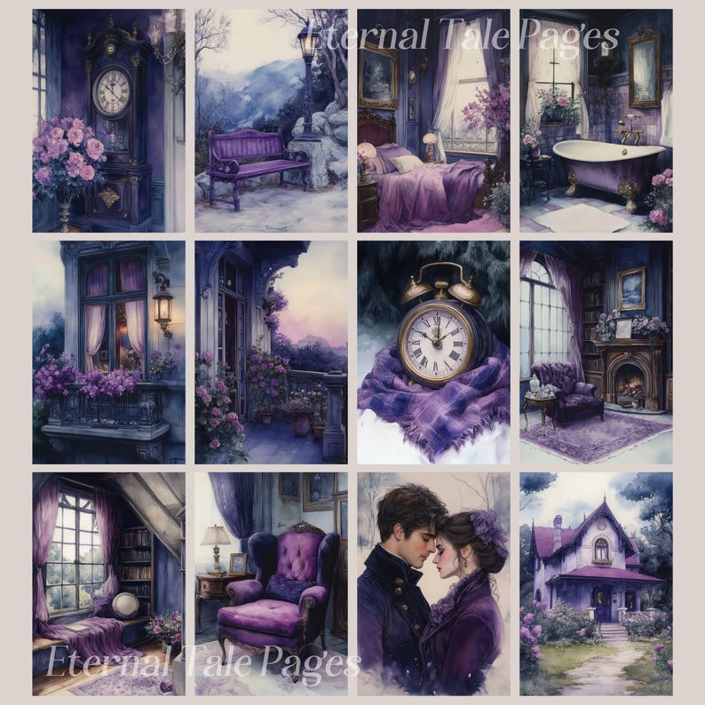 May include: A collage of nine images featuring a purple and gray color scheme. The images depict a variety of scenes, including a clock, a bedroom, a bathroom, a balcony, a couple, and a house. The text "Eternal Tale Pages" appears in the top right corner of the collage.