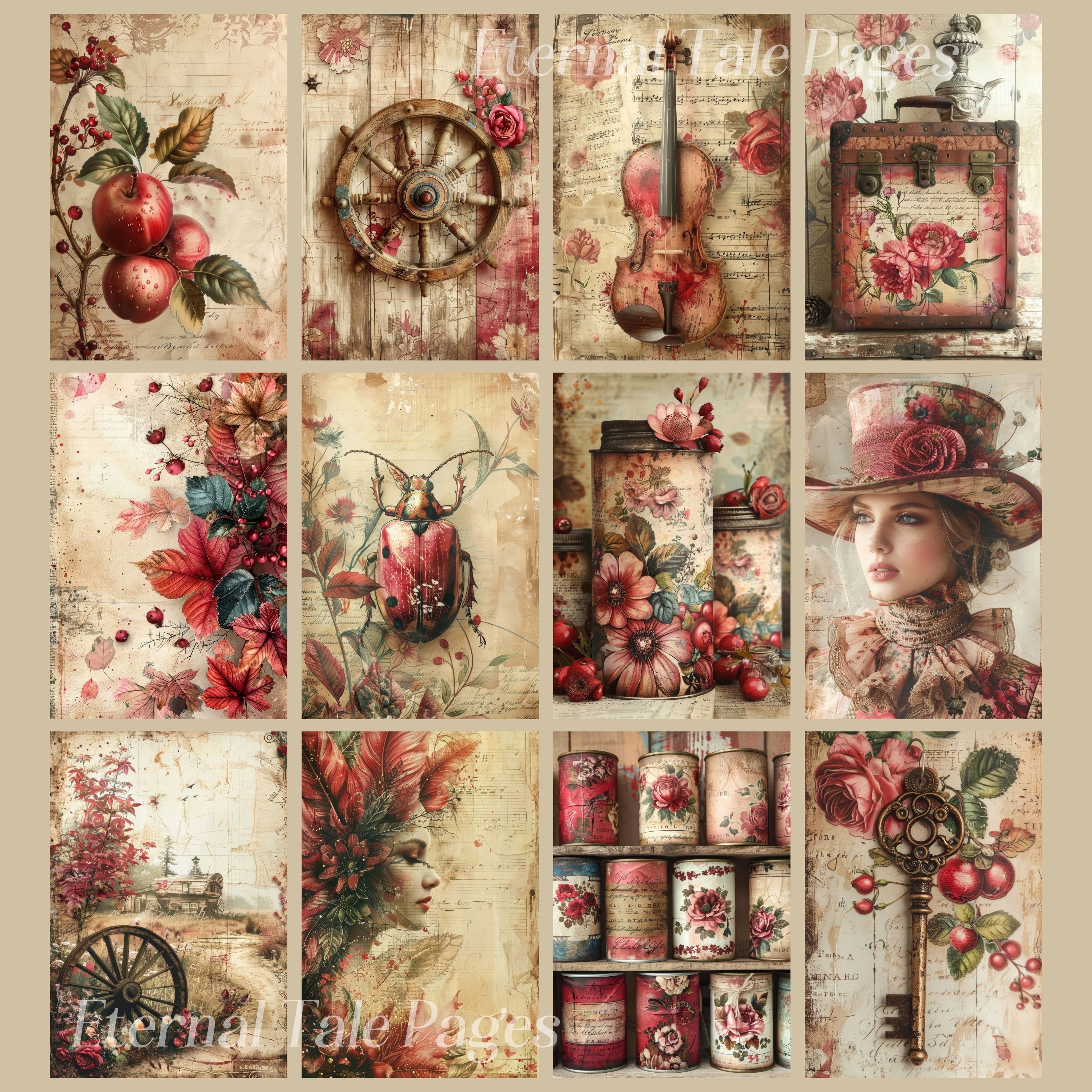 junkjournal【antique Red】 Red Vintage Pages for Scrapbook and Junk Journal, Digital
