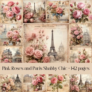 Pagine Shabby Chic con rose rosa e Parigi per scrapbooking e junk journal, carta vintage, carta stampabile digitale, fiori antichi, edifici