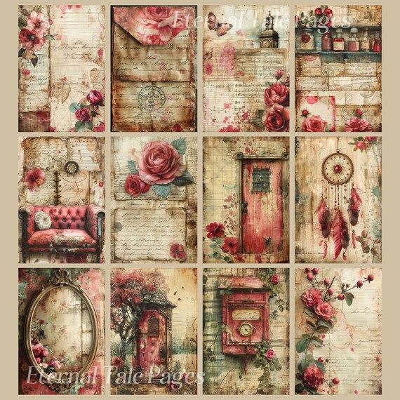 junkjournal【antique Red】 Gothic Red Lace Junk Journal Pages, Digital Scrapbook Paper