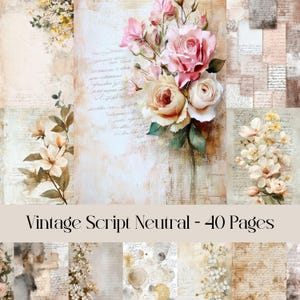 Neutrale vintage scriptpagina's, junkdagboek, digitaal plakboekpapier, afdrukbaar, bloemen, beige, achtergrondpapier, botanisch papier