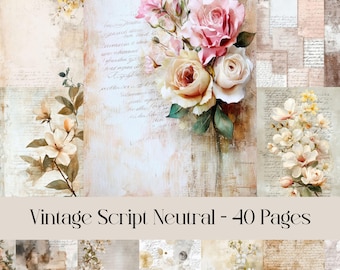 Vintage Floral Script Paper: Beige Botanical Junk Journal (Digital Download)