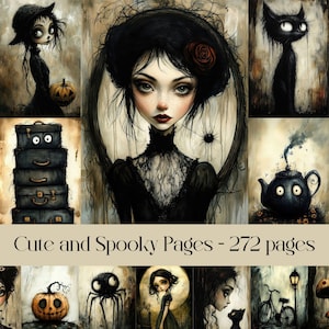 Lindo y espeluznante, papel digital, diario basura, papel para álbumes de recortes, Halloween, temática gótica, dibujos animados oscuros, vintage, papel imprimible, victoriano