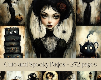 Cute and Spooky, digital paper, junk journal, scrapbook paper, halloween, gothic theme, dark cartoon, vintage, printable paper, victorian