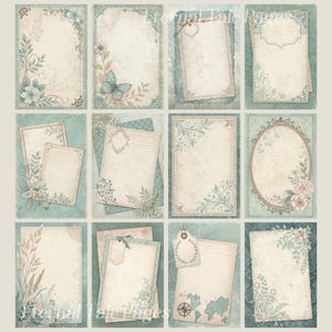 May include: A set of 10 printable digital scrapbook paper designs featuring a vintage aesthetic with floral and botanical elements in shades of blue, green, and brown. The papers have a distressed, aged look and include decorative borders and frames.