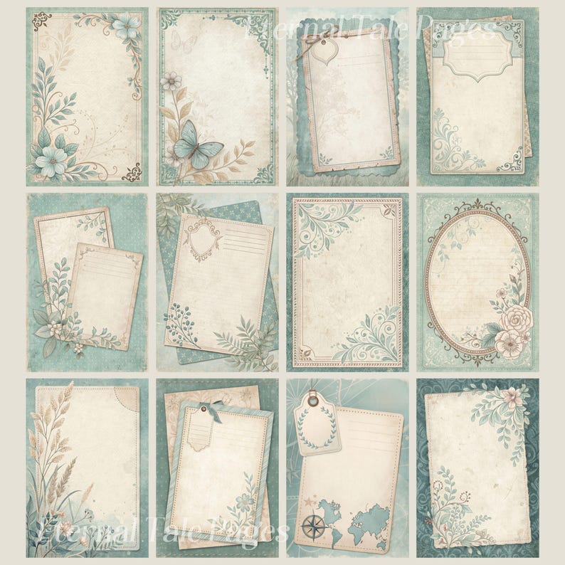 May include: A set of 10 printable digital scrapbook paper designs featuring a vintage aesthetic with floral and botanical elements in shades of blue, green, and brown. The papers have a distressed, aged look and include decorative borders and frames.