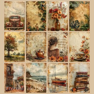 Puede incluir: Un collage de im&aacute;genes de estilo vintage, que incluye un cami&oacute;n rojo, un &aacute;rbol, una tetera, una mujer con el pelo largo, una taza de t&eacute;, un velero y una pila de libros antiguos. Las im&aacute;genes est&aacute;n todas sobre un fondo de papel viejo y tienen un aspecto descolorido y antiguo.