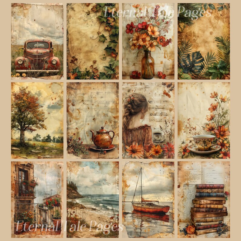 Puede incluir: Un collage de im&aacute;genes de estilo vintage, que incluye un cami&oacute;n rojo, un &aacute;rbol, una tetera, una mujer con el pelo largo, una taza de t&eacute;, un velero y una pila de libros antiguos. Las im&aacute;genes est&aacute;n todas sobre un fondo de papel viejo y tienen un aspecto descolorido y antiguo.