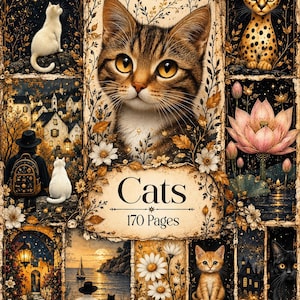 Può includere: Una copertina di libro intitolata Cats 170 Pages con un gatto soriano marrone centrale circondato da varie illustrazioni, tra cui un gatto bianco sotto la luna, un gatto maculato, un fiore di loto, una persona con un gatto e un gattino.