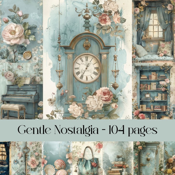 Gentle Nostalgia Pages, junk journal and scrapbook paper, vintage ephemera, antique items, digital paper, light blue, soft pastels