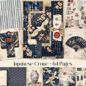 Puede incluir: Un collage de elementos de papel de temática japonesa. El diseño presenta un kimono, un abanico e ilustraciones de grullas en tonos azules, blancos y beige. El texto "Japanese Crane - 64 Pages" es visible.