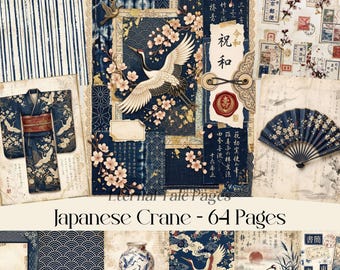 Papel digital japonés, grulla asiática y flor de cerezo, fondos japoneses índigo, imprimible oriental