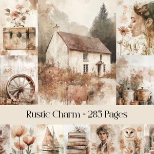 Pages de charme rustique, papier numérique, journal indésirable, papier de scrapbooking, nature, fleurs, animaux, nautique, campagne, beige, marron, taches
