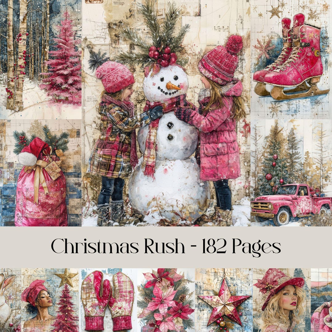 Festive Pink Christmas Digital Paper: Junk Journal Scrapbook Pages ...