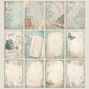 May include: A set of 9 printable journal pages with a travel theme. The pages feature vintage-inspired designs with suitcases, maps, compasses, a lighthouse, a butterfly, and the Eiffel Tower. The pages are perfect for scrapbooking, journaling, or adding a touch of vintage charm to your projects.