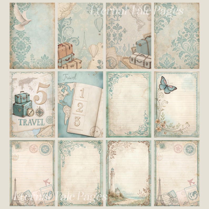 May include: A set of 9 printable journal pages with a travel theme. The pages feature vintage-inspired designs with suitcases, maps, compasses, a lighthouse, a butterfly, and the Eiffel Tower. The pages are perfect for scrapbooking, journaling, or adding a touch of vintage charm to your projects.