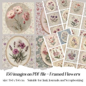 Fleurs encadrées, papier numérique, fleurs éphémères, images botaniques vintage, journal indésirable, scrapbooking, antiquités, images imprimables