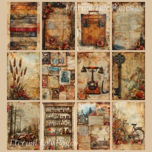 Puede incluir: Un collage de im&aacute;genes de estilo vintage, que incluye un fondo de tablones de madera, una maleta, un tel&eacute;fono, una llave, un estante con botellas, una bicicleta y un coche. Las im&aacute;genes est&aacute;n todas en tonos de marr&oacute;n, rojo y blanco, y tienen un aspecto desgastado y envejecido. El texto "Eternal Tale Pages" aparece dos veces en la imagen.