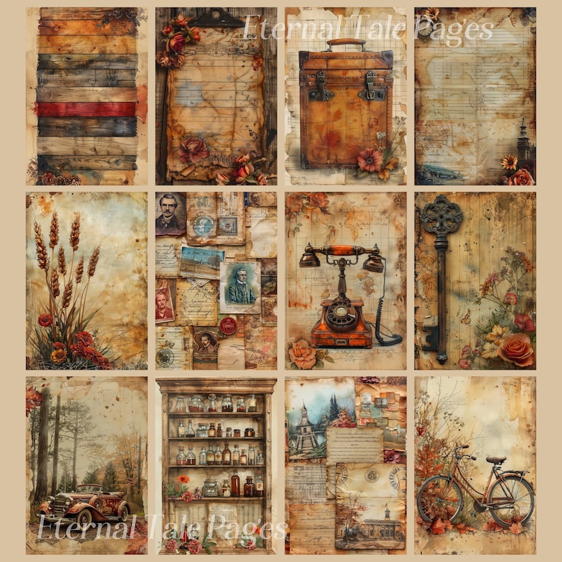 Puede incluir: Un collage de im&aacute;genes de estilo vintage, que incluye un fondo de tablones de madera, una maleta, un tel&eacute;fono, una llave, un estante con botellas, una bicicleta y un coche. Las im&aacute;genes est&aacute;n todas en tonos de marr&oacute;n, rojo y blanco, y tienen un aspecto desgastado y envejecido. El texto "Eternal Tale Pages" aparece dos veces en la imagen.