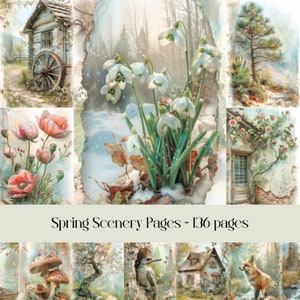 Páginas de diario basura con paisajes primaverales, vegetación, campo, rústico, naturaleza, papel para álbumes de recortes, papel para imprimir digitalmente, animales, imágenes de bosques