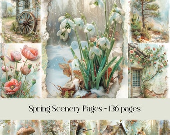 Spring Scenery Junk journal Pagina's, groen, platteland, rustiek, natuur, plakboekpapier, digitaal afdrukbaar papier, dieren, bosafbeeldingen