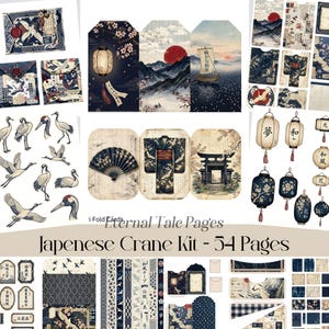 May include: A collection of Japanese-themed paper ephemera, including envelopes, tags, and decorative elements. The designs feature cranes, cherry blossoms, and traditional Japanese art. The text "Japanese Crane Kit - 54 Pages" is visible.