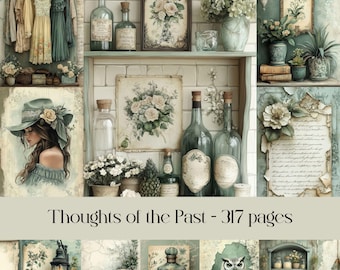 Vintage Ephemera Digital Paper: Green Beige Scrapbook Images (317 Pages) (Digital Download)