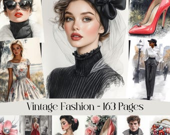 Vintage Fashion Illustration digitales Papier Set, Elegante Retro Kleider Accessoires Art