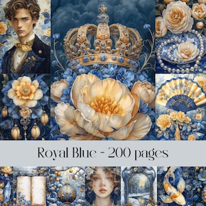 Royal Blue Pages, plakboek, junkjournal, koninklijk thema, koningin, paleis, juwelen, digitale ephemera, aquarelafbeeldingen, afdrukbaar papier