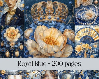 Royal Blue Pages, Scrapbook paper, junk journal, royal theme, queen, palace, jewels, digital ephemera, watercolor images, printable paper