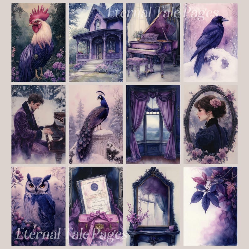 May include: A collage of images in shades of purple, featuring a rooster, a house, a piano, a crow, a peacock, a window with curtains, a woman, an owl, a certificate, a mirror, and leaves.