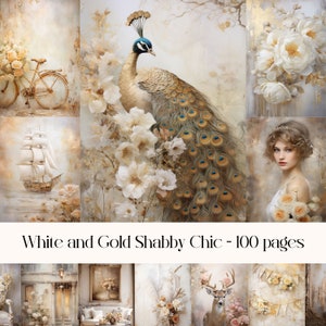 Pagine di Junk Journal Shabby Chic Bianco e Oro, scrapbooking, collage, immagini di sfondo, grafica stampabile, materiale effimero vintage