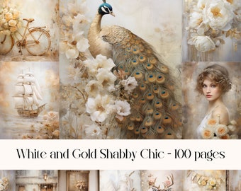 Shabby Chic Junk Journal Pages: White and Gold Ephemera (Digital Download)