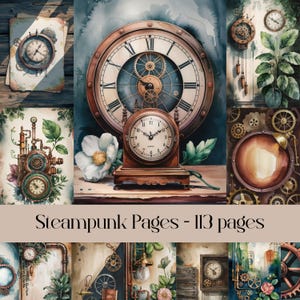 Pages steampunk, journal indésirable, papier de scrapbooking, botanique, éphémères vintage, aquarelle, engrenages, horloges, pipes, images imprimables, art numérique