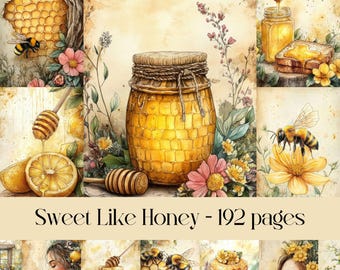 Może przedstawiać: Kolaż obrazów z motywem miodu. Obrazy przedstawiają plastry miodu, słoiki miodu, pszczoły, cytryny i kwiaty. Tekst "Sweet Like Honey - 192 pages" znajduje się na dole kolażu.