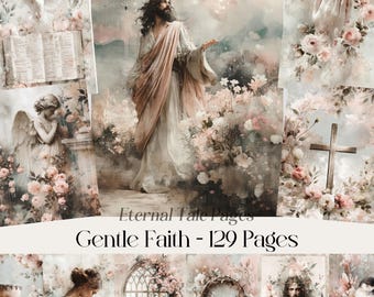 Papel digital Faith, páginas florales con cruz de Jesús en tonos pastel suaves (descarga digital)