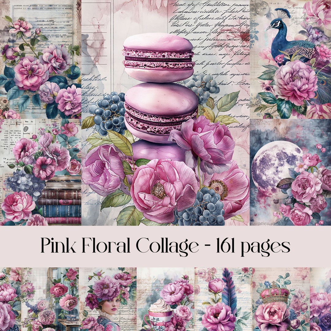 Pink Floral Collage Paper, Vintage Peonies Roses Ephemera (digital ...