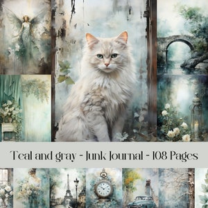 Groenblauw en grijs ongewenste dagboekpagina's, scrapbooking, Shabby Chic-pagina's, collagepapier, afdrukbare afbeeldingen, vintage esthetiek