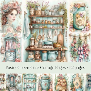 Pastel Green Cute Cottage images, watercolor, junk journal pages, scrapbook printable paper, digital ephemera, cottage core, countryside