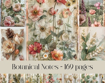 Pages de notes botaniques pour scrapbooking et journal Junk, papier numérique, fleurs et plantes, fleurs séchées, papier vintage, papier de découpage