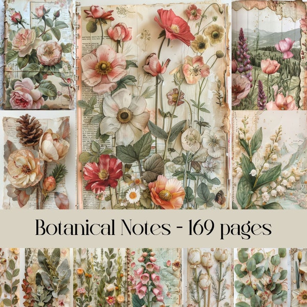 Botanical Notes pages for scrapbook and Junk journal, digital paper, flowers and plants, dried florals, vintage paper, decoupage paper