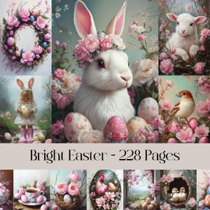 Pages de Pâques lumineuses, printemps, oeufs de pâques, lapin, journal indésirable, papier numérique, scrapbooking, fleurs, images imprimables, animaux