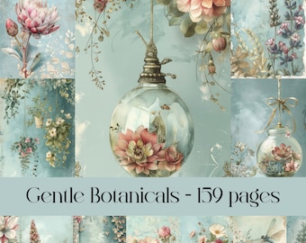 Gentle Botanicals Pages, junk journal, scrapbook paper, flowers, plants, floral background paper, printable images, vintage texture