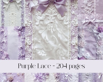 Purple Lace pages for scrapbooking and junk journal, digital paper, fabric texture, satin, silk, bows and pearls, lilac colour, printable