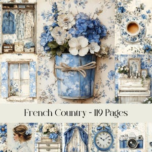 Pagine di campagna francese, campagna blu, cottage rustico, cottagecore, carta digitale, diario spazzatura, scrapbooking, effimere vintage, floreale