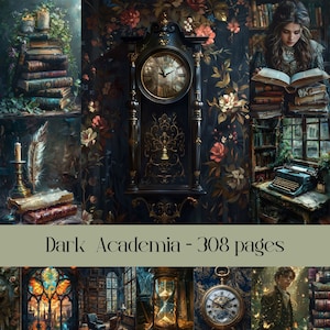 May include: A collage of images with a dark academia theme. The images include a clock, books, a typewriter, a feather quill, an hourglass, and a stained glass window. The text "Dark Academia - 308 pages" is displayed at the bottom of the collage.