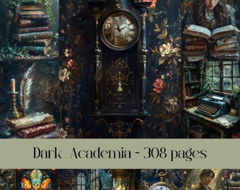 May include: A collage of images with a dark academia theme. The images include a clock, books, a typewriter, a feather quill, an hourglass, and a stained glass window. The text "Dark Academia - 308 pages" is displayed at the bottom of the collage.