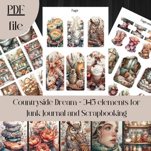 Countryside Dreams - Junk Journal and Scrapbooking elements and cutouts, printable PDF files, digital ephemera, floral, country, watercolor